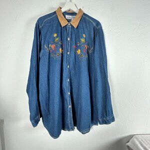 Bobbie Brooks Womens Embroidered Denim BB Branches Long Sleeve Shirt 22W/24WbNew